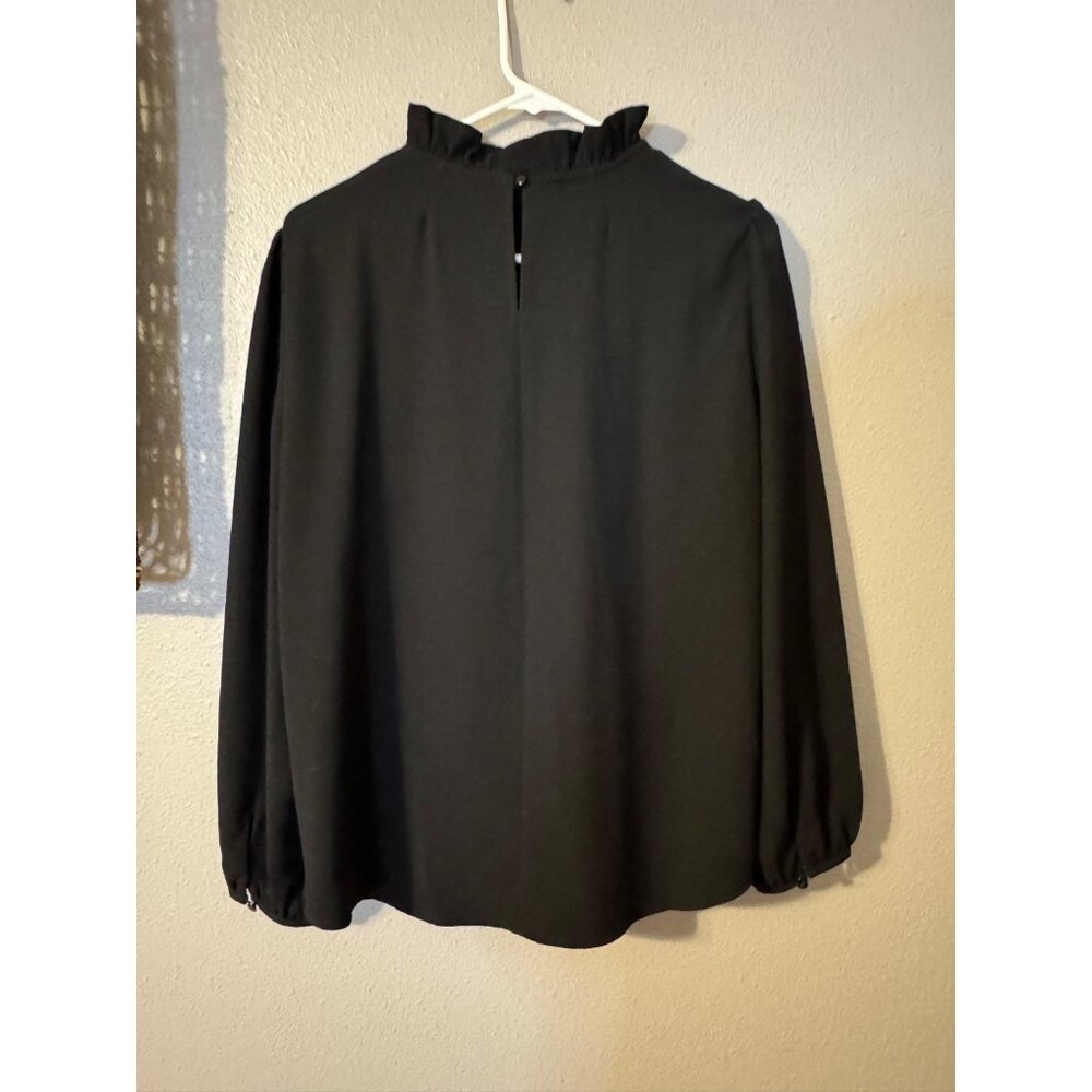 J Crew Top M Medium Black Ruffle Crew Neck Washable Long Sleeve Classic - Picture 10 of 12